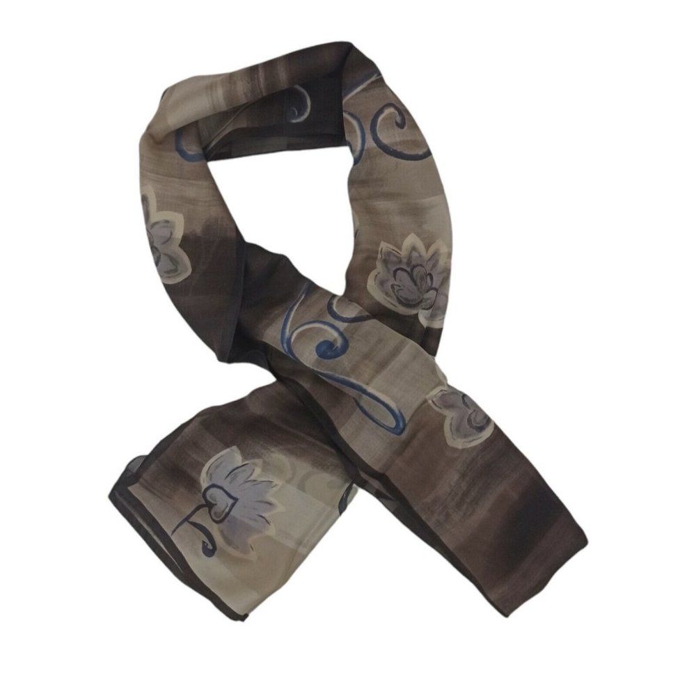 LJ Beige Floral Silk Scarf 62"/ 15” EC